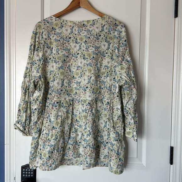 J. Jill Womens Textured Cotton Blouse 3X Cream green Blue Floral 3/4 Sleeve - Picture 9 of 13